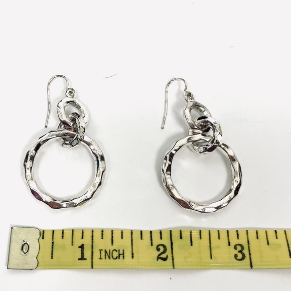 Silver Tone Hammered Dangle Hoop Earrings Pierced - Picture 4 of 4